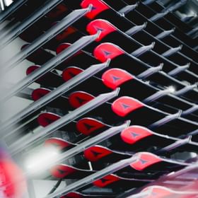 Red Atomic Redster skis in production.