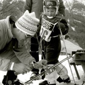 Markus and Werner Zanier in the 1980s before a childrens ski race 