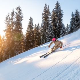 Ein Skifahrer mit pinkem Helm fährt in tiefer Kurvenlage auf einer sonnigen, frisch präparierten Piste, umgeben von verschneiten Bäumen.