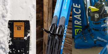 Drei Salomon-Produkte bzw. drei verschiedene Produktfotos in ein Foto zusammen gefügt. Bild besteht aus , Ende von einem Ski Langlaufschuhbindung und Schischuh. Alle diese Produkte sind von Salomon.
