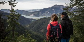 two people are standing at a hill and are looking at Wolfgangsee