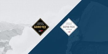 Gore-Tex and Gore-Tex Infinium logos on blue and white background
