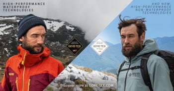 Two men in outdoor clothing, one in a waterproof Gore-Tex jacket, one in a non-waterproof Gore-Tex Infinium jacket.