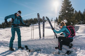 Two people are ready to prepare a skitour. 