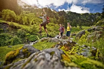 drei junge Leute wandern vergnügt durch ein dicht bewaldetes Gebiet in den Alpen