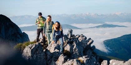 A group of friends stands atop the summit, surrounded by the summer splendor of nature.