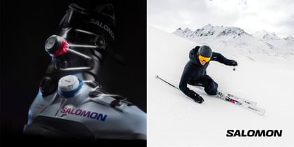 Salomon FW 1 The left side shows a close-up of a Salomon ski boot, the right side a skier in black gear carving dynamically through the snow.