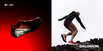 Das Bild ist in zwei Hälften geteilt: Links wird ein rot-schwarzer Salomon S/LAB Trailrunning-Schuh dramatisch vor einem leuchtend roten Hintergrund mit Schatteneffekten präsentiert, während rechts eine dynamische Läuferin in einem schwarzen Outfit mit den gleichen Schuhen über dunkles, felsiges Terrain springt – das „Salomon“-Logo ist unten rechts platziert.