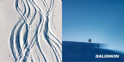 Salomon FW 4 The left side shows curving ski tracks in fresh snow, the right side two skiers on a sunny mountain slope under a blue sky.