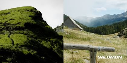 Das Bild zeigt eine geteilte Landschaft: links eine moosbewachsene Felsformation mit intensiven Grüntönen, rechts eine idyllische Alm mit Holzzaun, Berghütte und nebelverhangenen Bergen im Hintergrund, begleitet vom „Salomon“-Logo.
