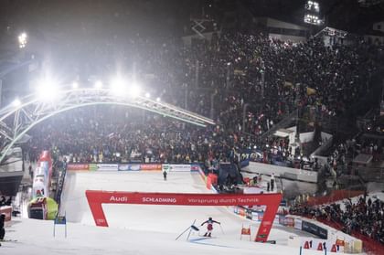 Finish area of Nightrace Schladming with grandstands in the background