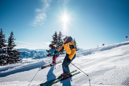 zwei Personen fahren nebeneinander Ski