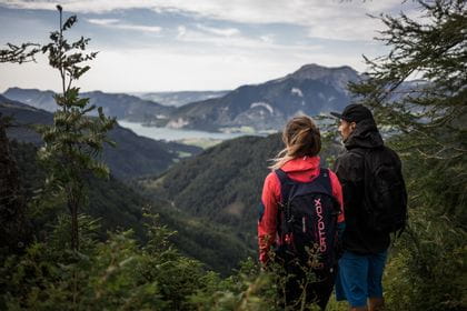 two people are standing at a hill and are looking at Wolfgangsee