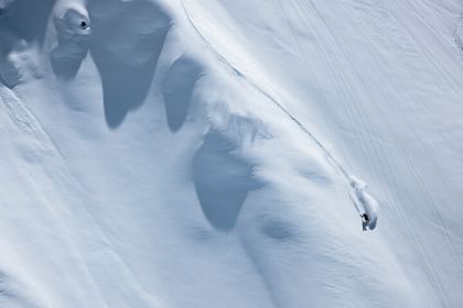 Boa Freerider A freerider wearing BOA ski boots, seen from a bird's eye view.
