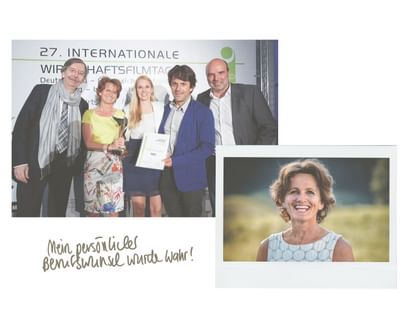 Collage mit einer Preisverleihung bei den „27. Internationalen Wirtschaftsfilmtagen“, bei der fünf Personen mit Pokal und Urkunde posieren, sowie dem Porträt einer lächelnden Frau. Handschriftlich steht „Mein persönliches Berufswunder wurde wahr!“.