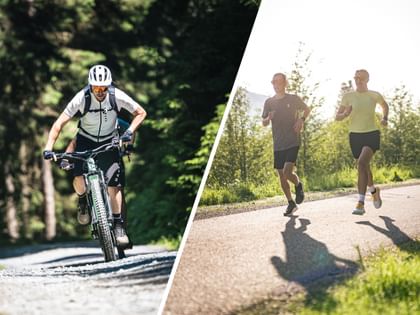 On the left, a man wearing a helmet and backpack rides a mountain bike along a forest path. On the right, two people run side by side on a sunlit road surrounded by greenery.