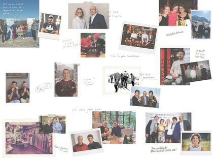 Große Fotocollage mit historischen und aktuellen Aufnahmen von Menschen bei Veranstaltungen, im Sportgeschäft, beim Skifahren und in den Bergen. Handschriftliche Botschaften wie „70 Jahre Bründl“, „Mit euch gewachsen“ und „Die Reise geht weiter“ ergänzen die persönlichen Erinnerungen.