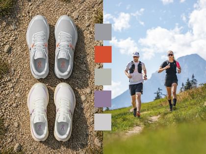 Links liegen zwei Paar Laufschuhe in Grau und Weiß auf einem steinigen Untergrund, in den Schuhen ist das Logo „On“ und der Text „Cloudvista“ zu sehen; daneben sind mehrere farbige Kästchen. Rechts laufen eine Frau und ein Mann auf einem schmalen Weg durch eine grüne Landschaft mit Bergen im Hintergrund unter blauem Himmel.