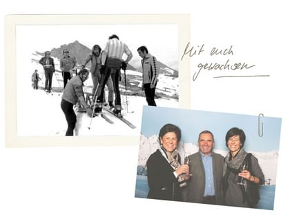 Collage mit einer historischen Schwarz-Weiß-Aufnahme mehrerer Skifahrer im verschneiten Gebirge und einem Farbfoto von drei lächelnden Personen mit Sektgläsern. Daneben steht handschriftlich „Mit euch gewachsen“.
