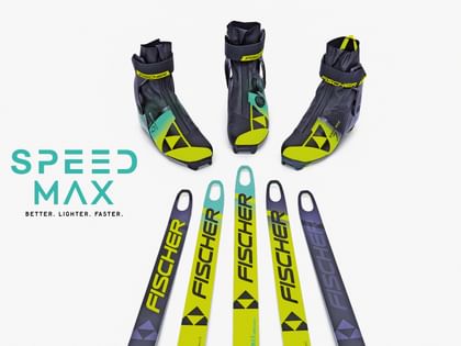 Fischer Speedmax – for those who strive for maximum speed. Cross-country ski boots and skis from the Fischer Speedmax series in black and neon yellow, arranged on a white background with the slogan “Better. Lighter. Faster.”