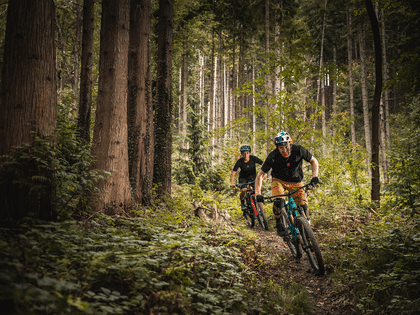 two cyclist riding through the forest dressed in adidas 5.10