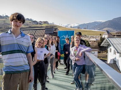 Students with Angelika on the skywalk