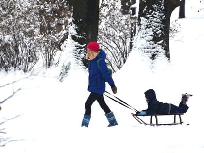 Women with child and toboggan