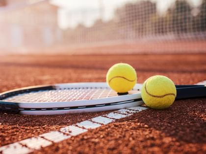 A tennis racket with two tennis balls