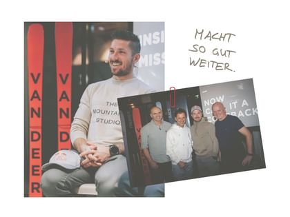 Collage mit einem lächelnden Mann vor roten Völkl-Ski sowie einem Gruppenfoto von vier Männern bei einer Veranstaltung. Handschriftlich steht „MACHT SO GUT WEITER.“