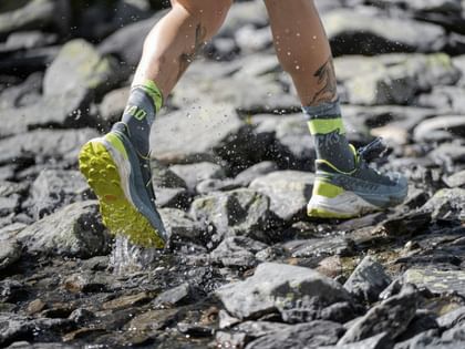 Dynafit trail running shoes running through a mountain stream on a technical alpine trail.