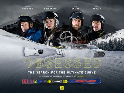 Poster mit 4 Wintersportlern, deren Sportart, Beschriftung von Namen, Plakattext und unten in der Mitte ein Ski.