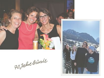 Collage mit drei lächelnden Frauen bei einer Feier und vier Frauen vor einer verschneiten Berglandschaft. Handschriftlich steht „70 Jahre Bründl“.