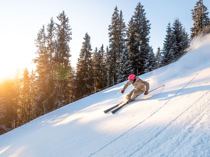 A skier wearing a pink helmet carves through a sunny, freshly groomed slope surrounded by snow-covered trees.