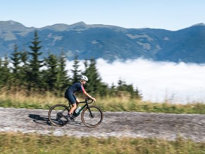 Eine Bikerin auf ihrem Gravelbike mit Bergen und Bäumen im Hintergrund
