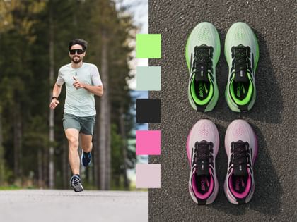 Links läuft ein Mann mit Sonnenbrille auf einem Waldweg, er trägt Sportkleidung und Laufschuhe. Rechts sind zwei Paar Laufschuhe in Grün und Rosa auf Asphalt zu sehen, daneben mehrere farbige Kästchen; in den Schuhen steht der Text „BROOKS“.
