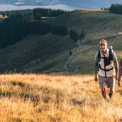 Zwei Personen wandern nebeneinander durch eine goldgelbe Wiese auf einem Hügel. Sie tragen Rucksäcke und Freizeitkleidung, im Hintergrund sind bewaldete Hügel und ein See zu sehen.