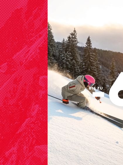 The image shows a red promotional graphic with two side-by-side photos. On the left, a person wearing a pink helmet and light-colored ski clothing is skiing down a snowy slope with snow-covered trees in the background; on the right, a person wearing a headband, green jacket, and backpack is walking across a sunny meadow near a forest. In the lower right corner, large white text reads “Up to -60%”.