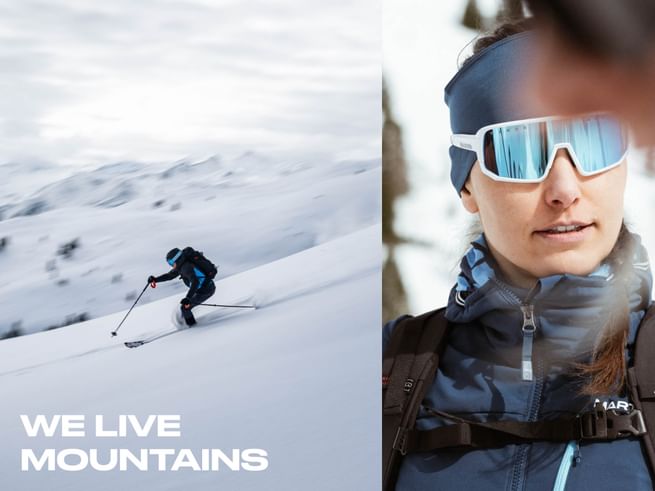 Das Bild ist in zwei Hälften geteilt: Links sieht man einen Skifahrer, der dynamisch eine Schneepiste hinunterfährt. Rechts ist eine Nahaufnahme einer Person mit blauer Outdoor-Kleidung und reflektierender Sonnenbrille zu sehen. Unten links steht der Schriftzug „WE LIVE MOUNTAINS“.