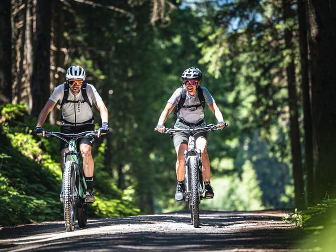 Zwei Personen mit Helmen und Sonnenbrillen fahren nebeneinander auf Mountainbikes einen breiten Waldweg entlang. Hohe Bäume säumen den Weg, und Sonnenlicht fällt durch die Äste auf den Boden.